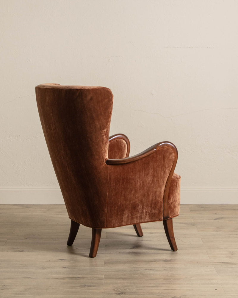 Danish Crushed Mohair & Oak Wingback Chair, 1950's - Lone Fox