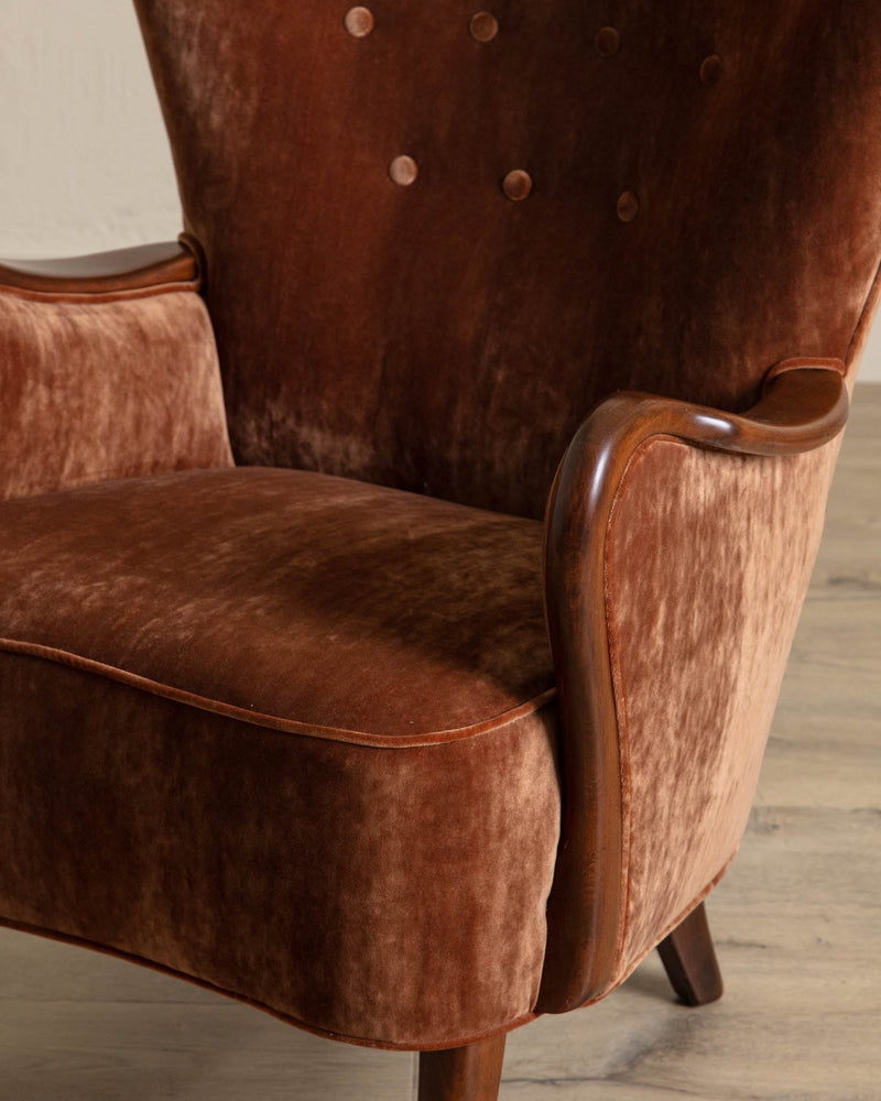 Danish Crushed Mohair & Oak Wingback Chair, 1950's - Lone Fox