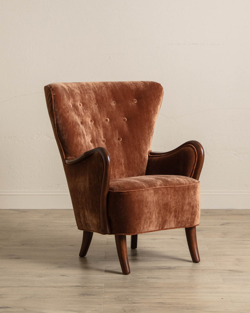 Danish Crushed Mohair & Oak Wingback Chair, 1950's - Lone Fox