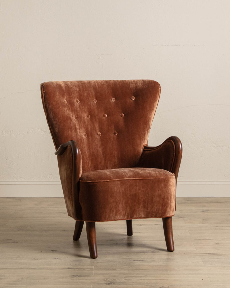 Danish Crushed Mohair & Oak Wingback Chair, 1950's - Lone Fox