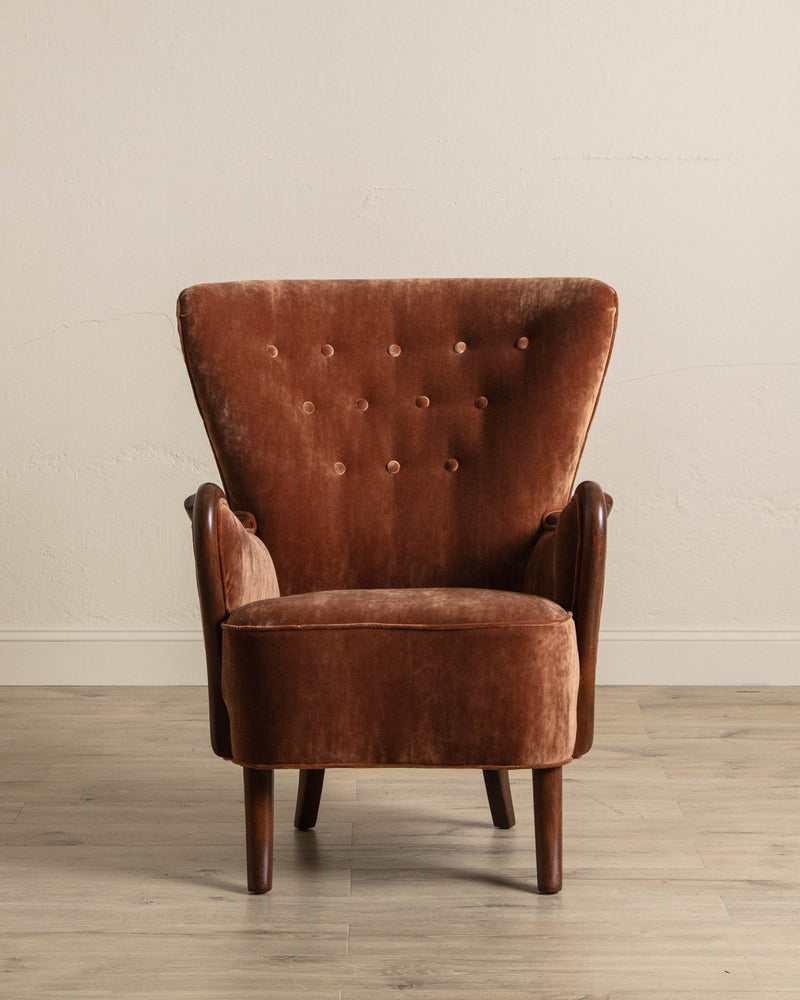 Danish Crushed Mohair & Oak Wingback Chair, 1950's - Lone Fox