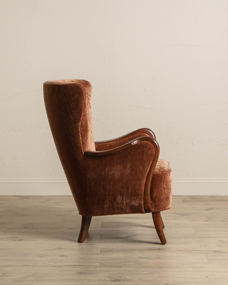 Danish Crushed Mohair & Oak Wingback Chair, 1950's - Lone Fox