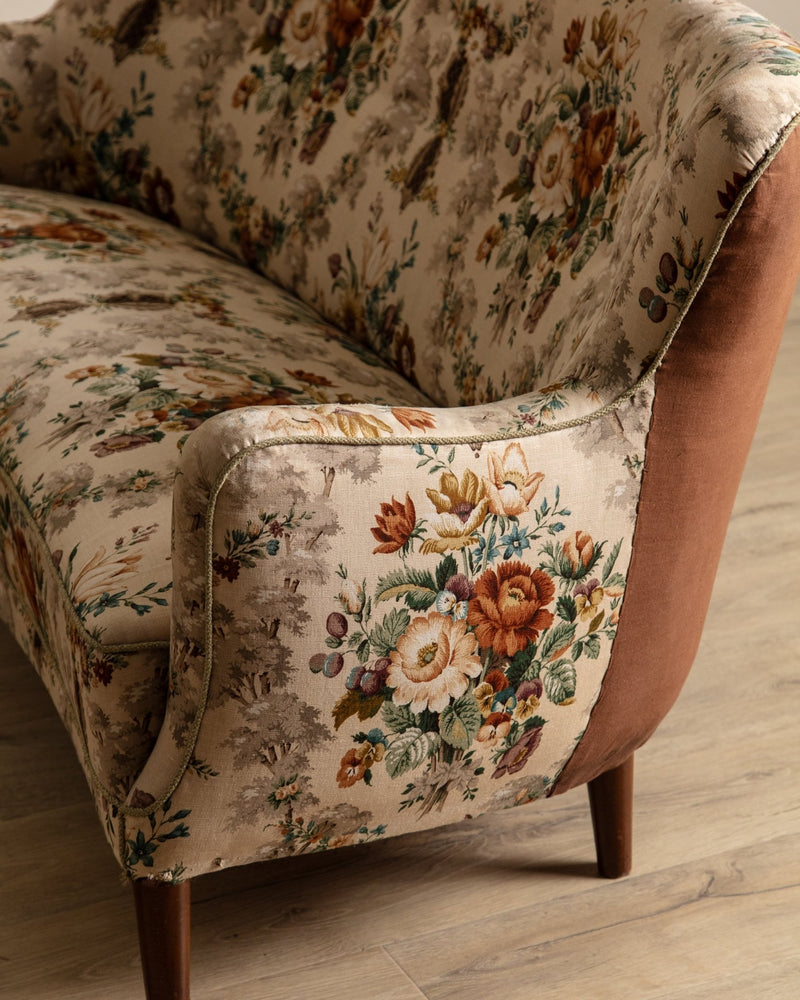 Danish Curved Wingback Sofa in Wool Floral w/ Contrast Back, 1950's - Lone Fox