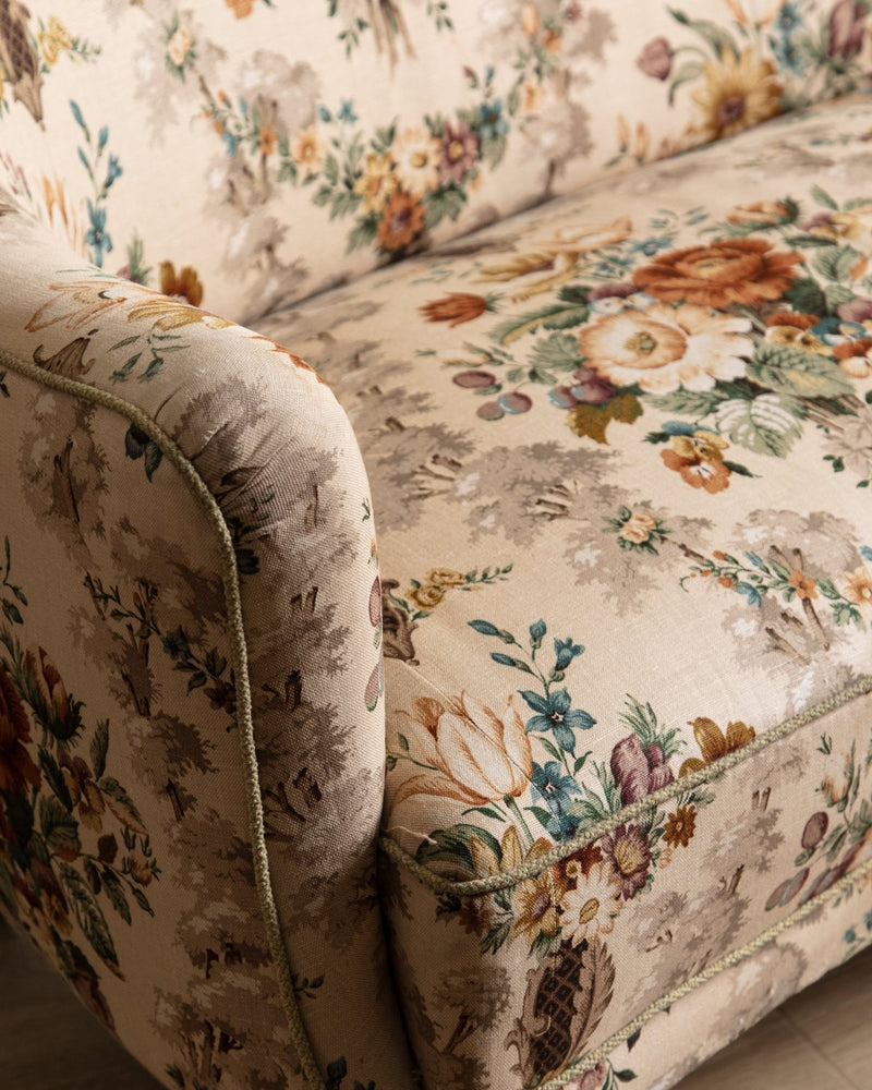 Danish Curved Wingback Sofa in Wool Floral w/ Contrast Back, 1950's - Lone Fox