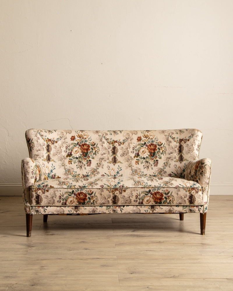 Danish Curved Wingback Sofa in Wool Floral w/ Contrast Back, 1950's - Lone Fox