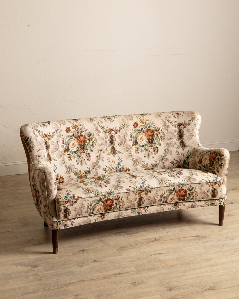Danish Curved Wingback Sofa in Wool Floral w/ Contrast Back, 1950's - Lone Fox