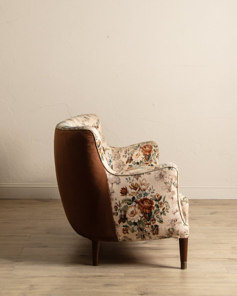 Danish Curved Wingback Sofa in Wool Floral w/ Contrast Back, 1950's - Lone Fox