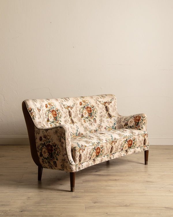 Danish Curved Wingback Sofa in Wool Floral w/ Contrast Back, 1950's - Lone Fox