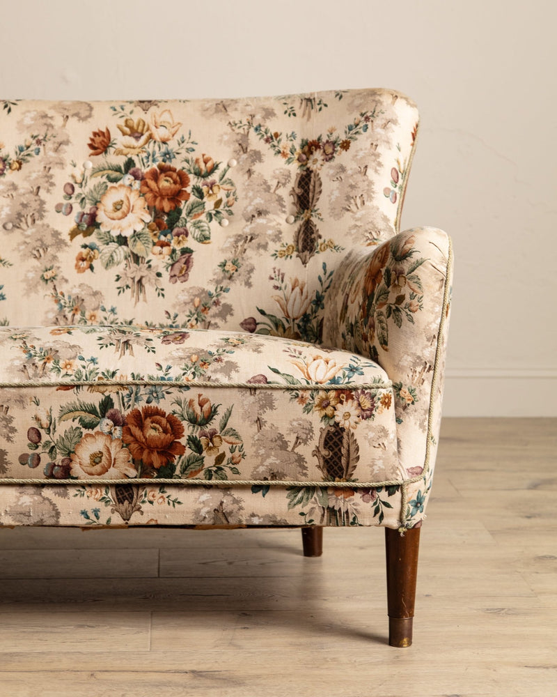 Danish Curved Wingback Sofa in Wool Floral w/ Contrast Back, 1950's - Lone Fox