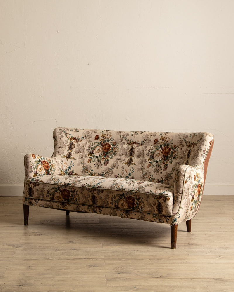 Danish Curved Wingback Sofa in Wool Floral w/ Contrast Back, 1950's - Lone Fox