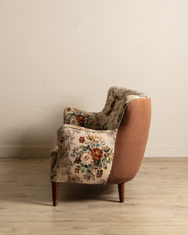 Danish Curved Wingback Sofa in Wool Floral w/ Contrast Back, 1950's - Lone Fox