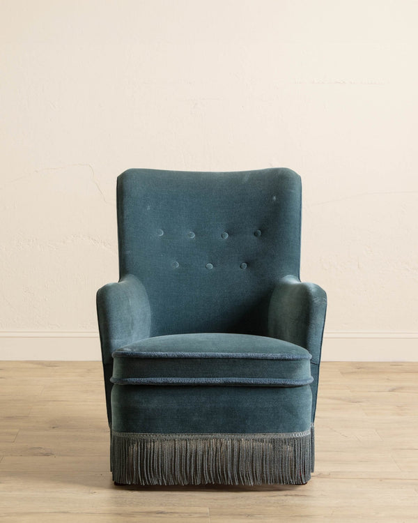 Danish Fringe Easy Chair in Blue Velour, 1960's - Lone Fox