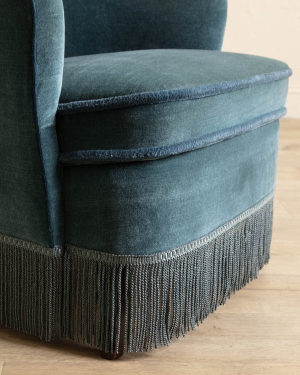 Danish Fringe Easy Chair in Blue Velour, 1960's - Lone Fox