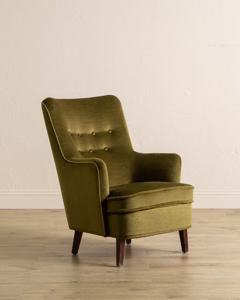 Danish Mid - Century Tall Lounge Chair in Olive Mohair, 1960's - Lone Fox