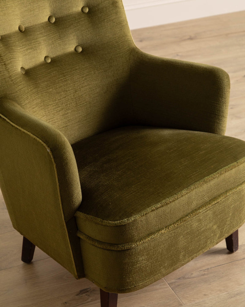 Danish Mid - Century Tall Lounge Chair in Olive Mohair, 1960's - Lone Fox