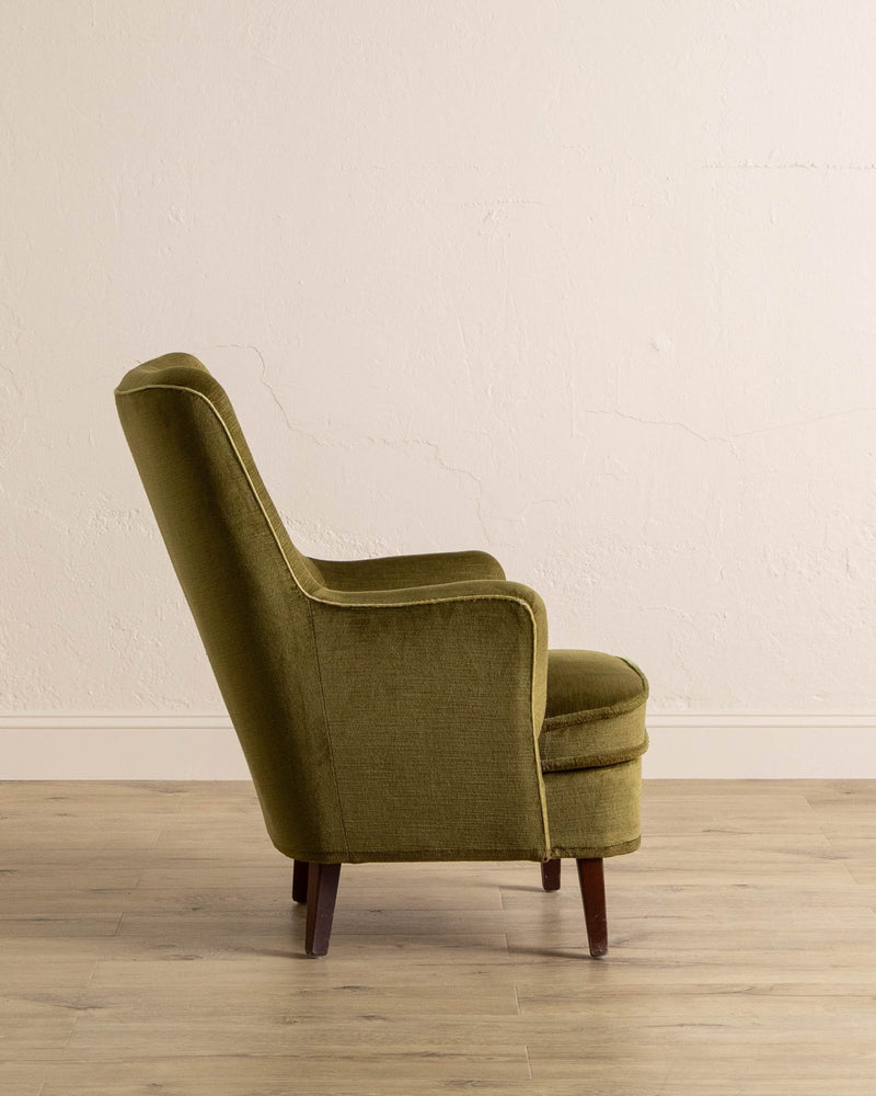 Danish Mid - Century Tall Lounge Chair in Olive Mohair, 1960's - Lone Fox