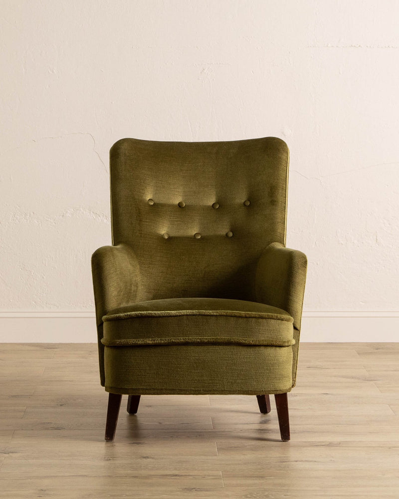 Danish Mid - Century Tall Lounge Chair in Olive Mohair, 1960's - Lone Fox