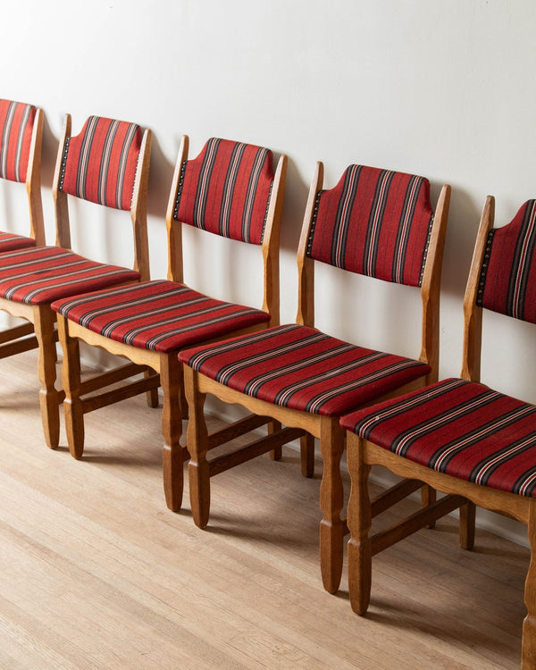 Danish Oak Red Striped Dining Chairs, 1960's (Set of 8) - Lone Fox