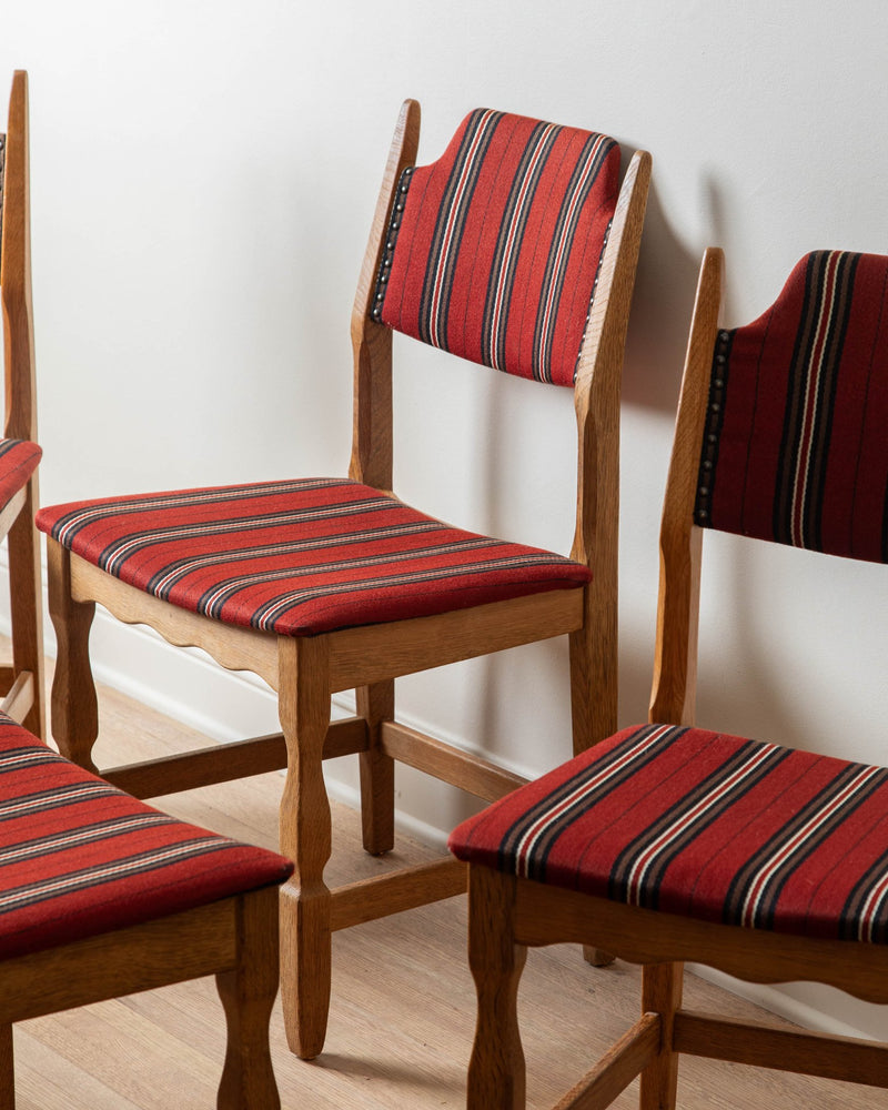 Danish Oak Red Striped Dining Chairs, 1960's (Set of 8) - Lone Fox