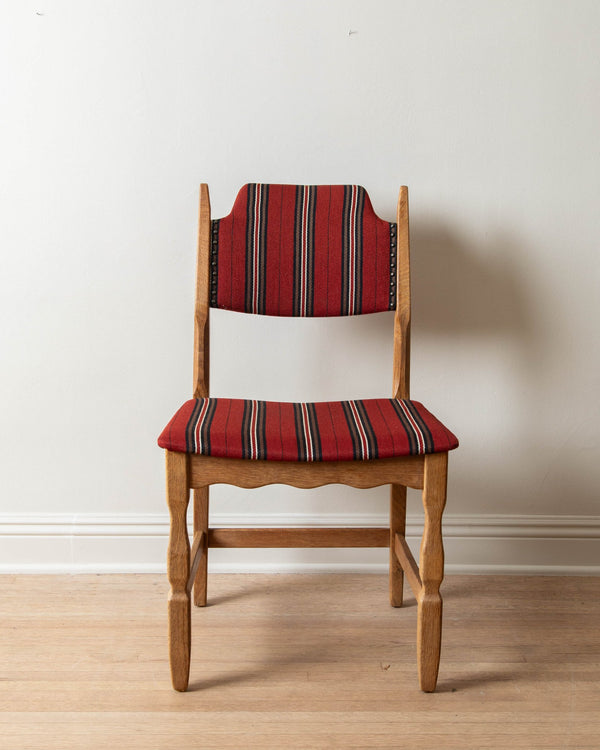 Danish Oak Red Striped Dining Chairs, 1960's (Set of 8) - Lone Fox