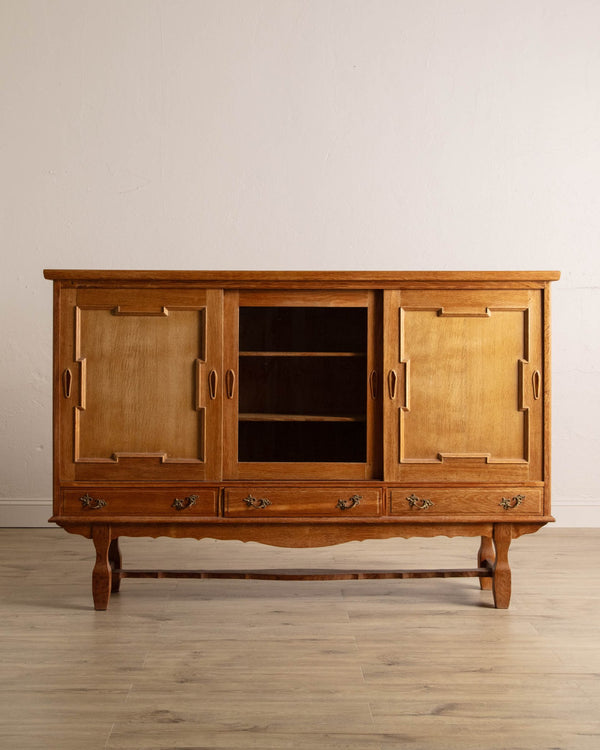 Danish Oak Sideboard w/ Carved Sliding Doors, 1970's - Lone Fox