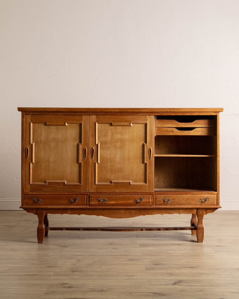 Danish Oak Sideboard w/ Carved Sliding Doors, 1970's - Lone Fox