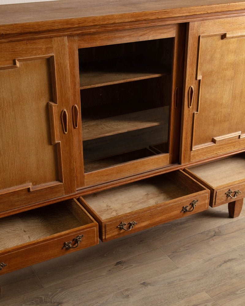 Danish Oak Sideboard w/ Carved Sliding Doors, 1970's - Lone Fox