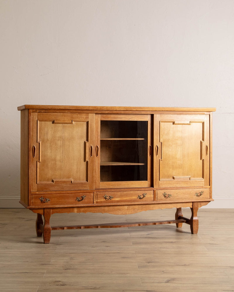 Danish Oak Sideboard w/ Carved Sliding Doors, 1970's - Lone Fox