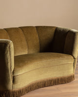 Danish Olive Mohair Banana Sofa w/ Fringe, 1960's - Lone Fox