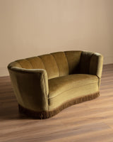 Danish Olive Mohair Banana Sofa w/ Fringe, 1960's - Lone Fox