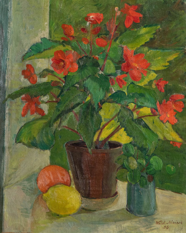 Danish Still Life Red Floral Oil Painting by Vlademar Nielsen, 1956 - Lone Fox