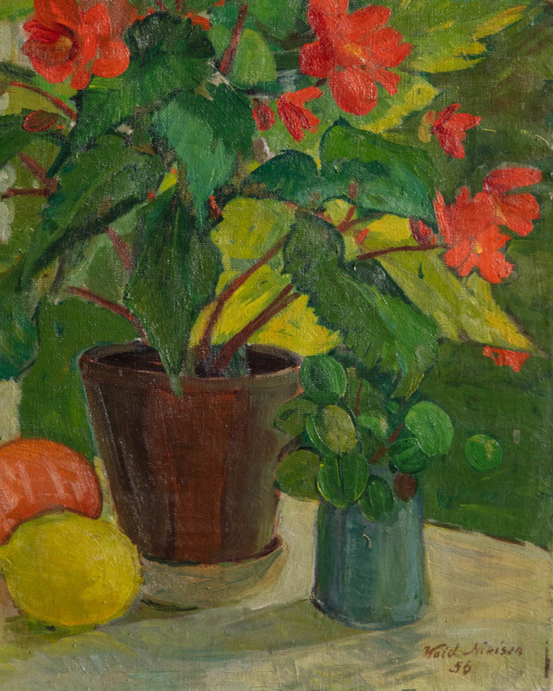 Danish Still Life Red Floral Oil Painting by Vlademar Nielsen, 1956 - Lone Fox