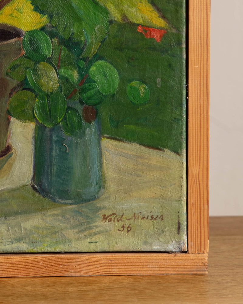 Danish Still Life Red Floral Oil Painting by Vlademar Nielsen, 1956 - Lone Fox