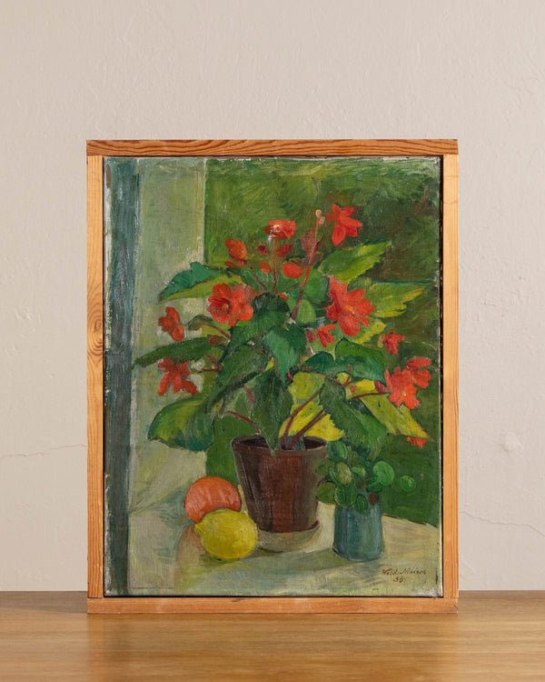 Danish Still Life Red Floral Oil Painting by Vlademar Nielsen, 1956 - Lone Fox