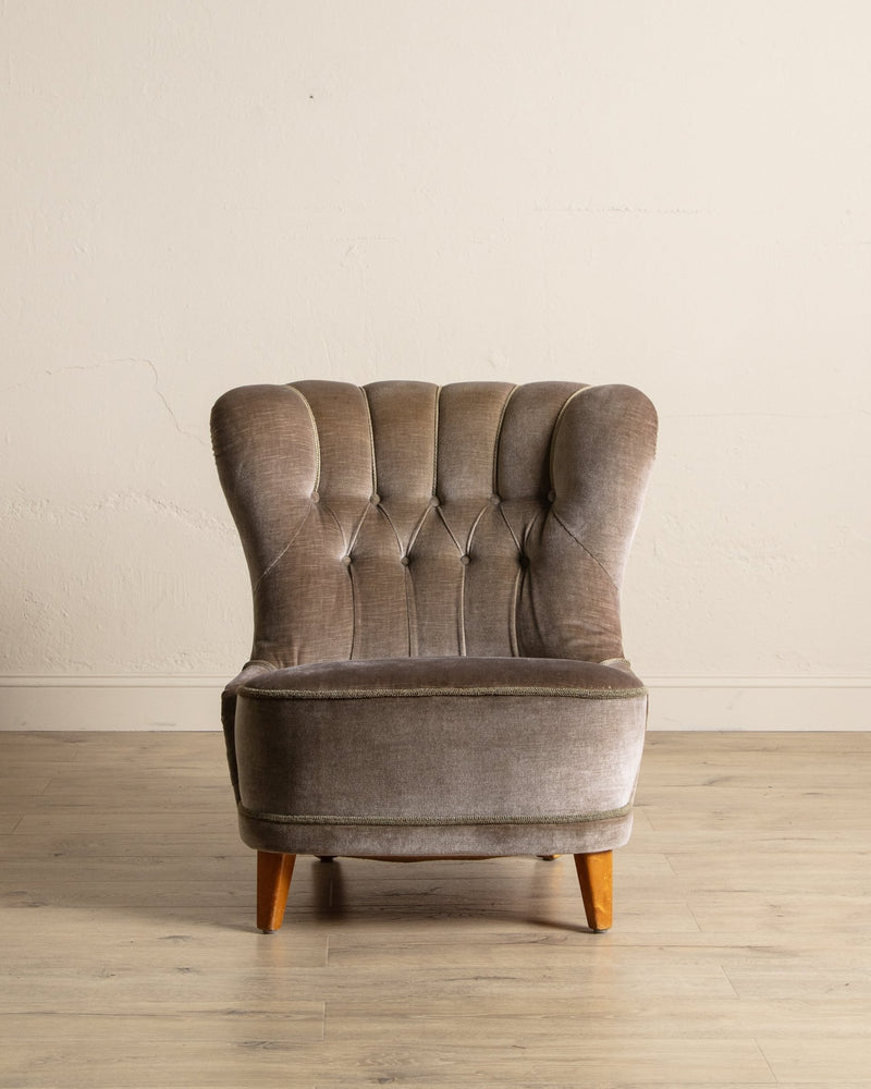 Danish Taupe Velvet Tufted Lounge Chair, 1960's - Lone Fox
