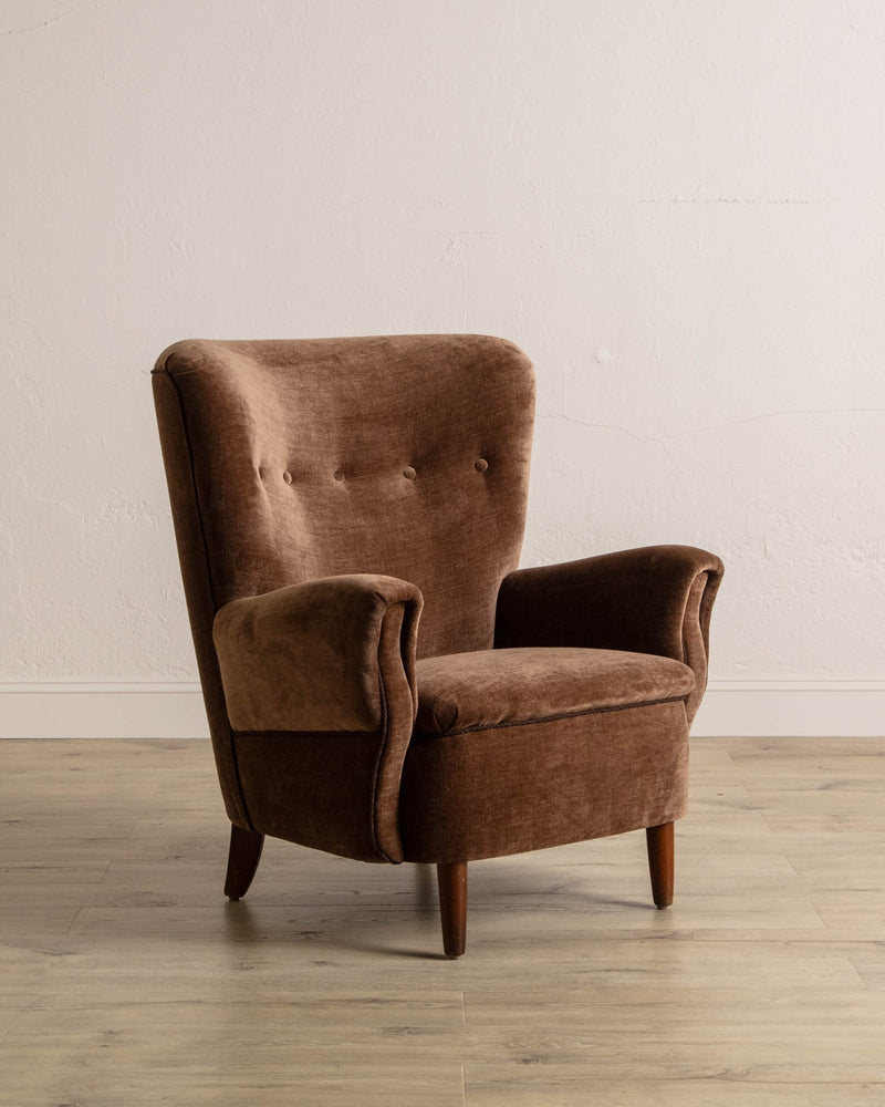 Danish Wingback Armchair in Chocolate Chenille, 1960's - Lone Fox