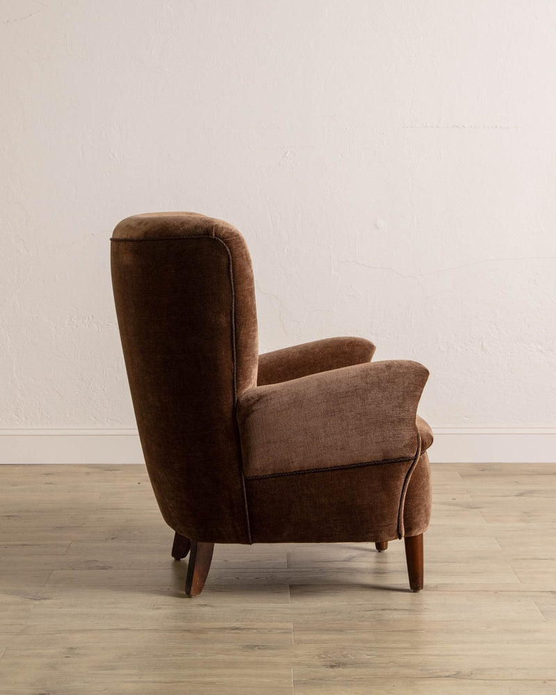 Danish Wingback Armchair in Chocolate Chenille, 1960's - Lone Fox