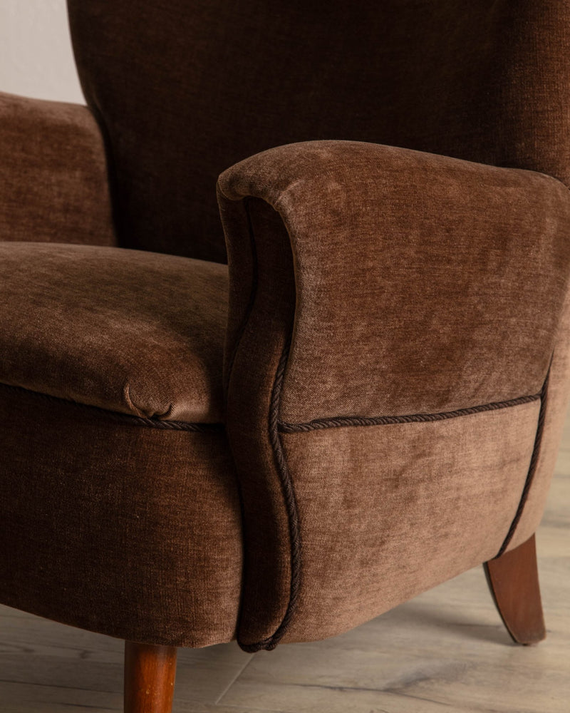 Danish Wingback Armchair in Chocolate Chenille, 1960's - Lone Fox