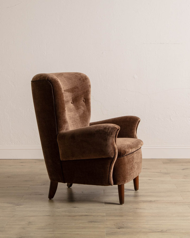 Danish Wingback Armchair in Chocolate Chenille, 1960's - Lone Fox