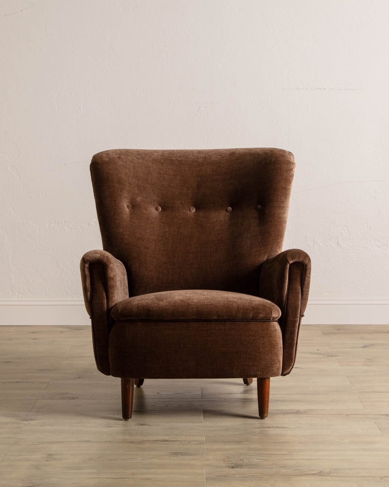 Danish Wingback Armchair in Chocolate Chenille, 1960's - Lone Fox