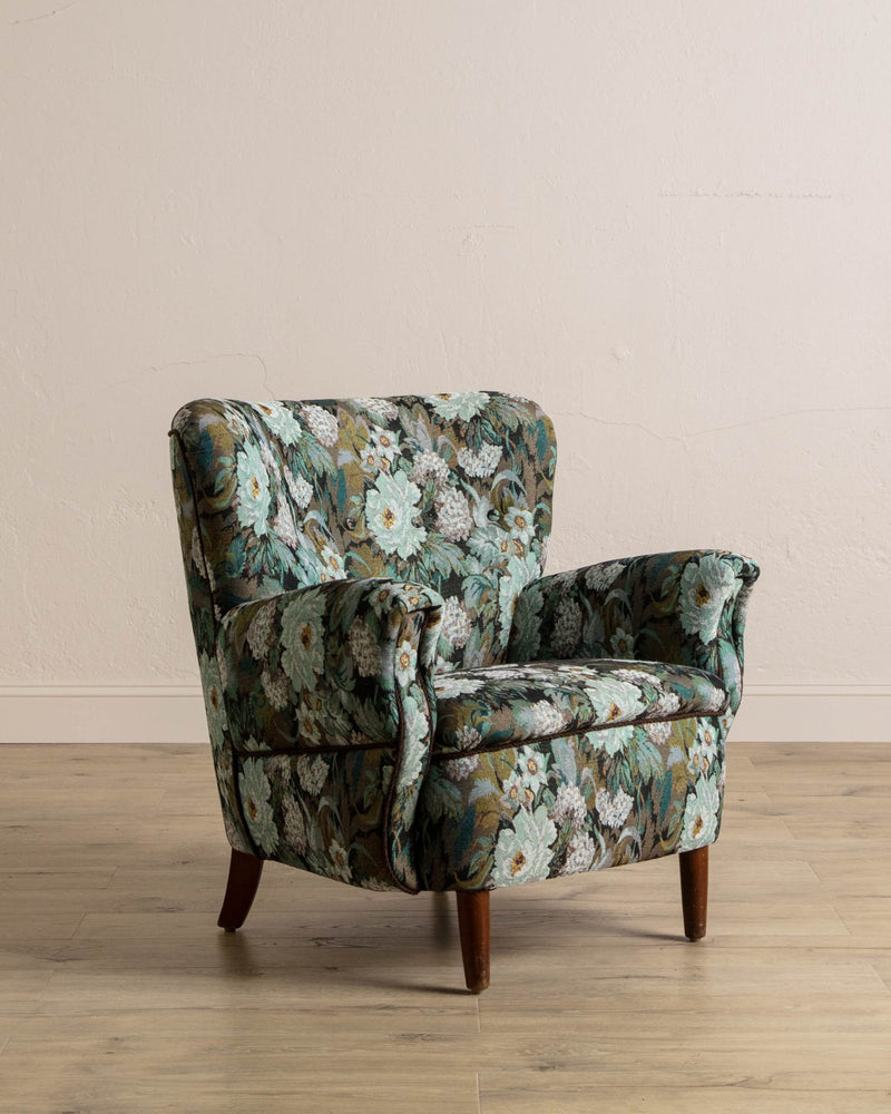 Danish Wingback Armchair in Tapestry Floral, 1960's - Lone Fox