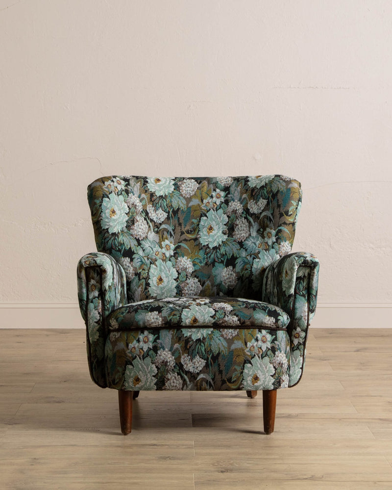 Danish Wingback Armchair in Tapestry Floral, 1960's - Lone Fox