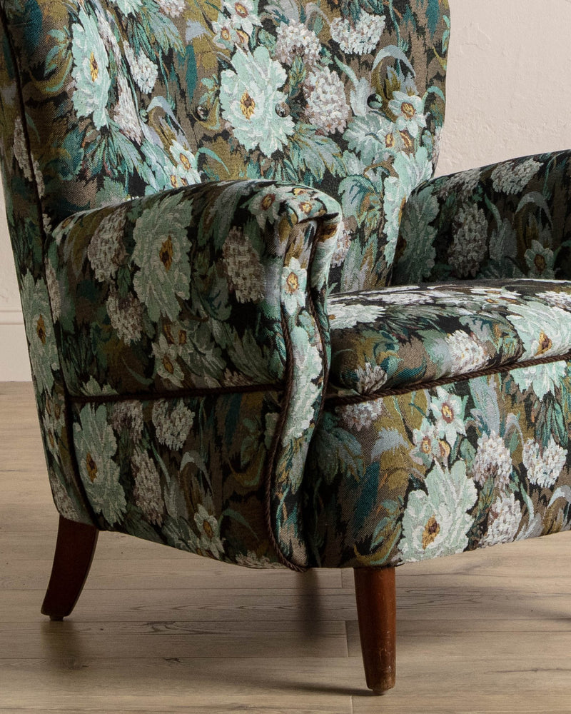 Danish Wingback Armchair in Tapestry Floral, 1960's - Lone Fox