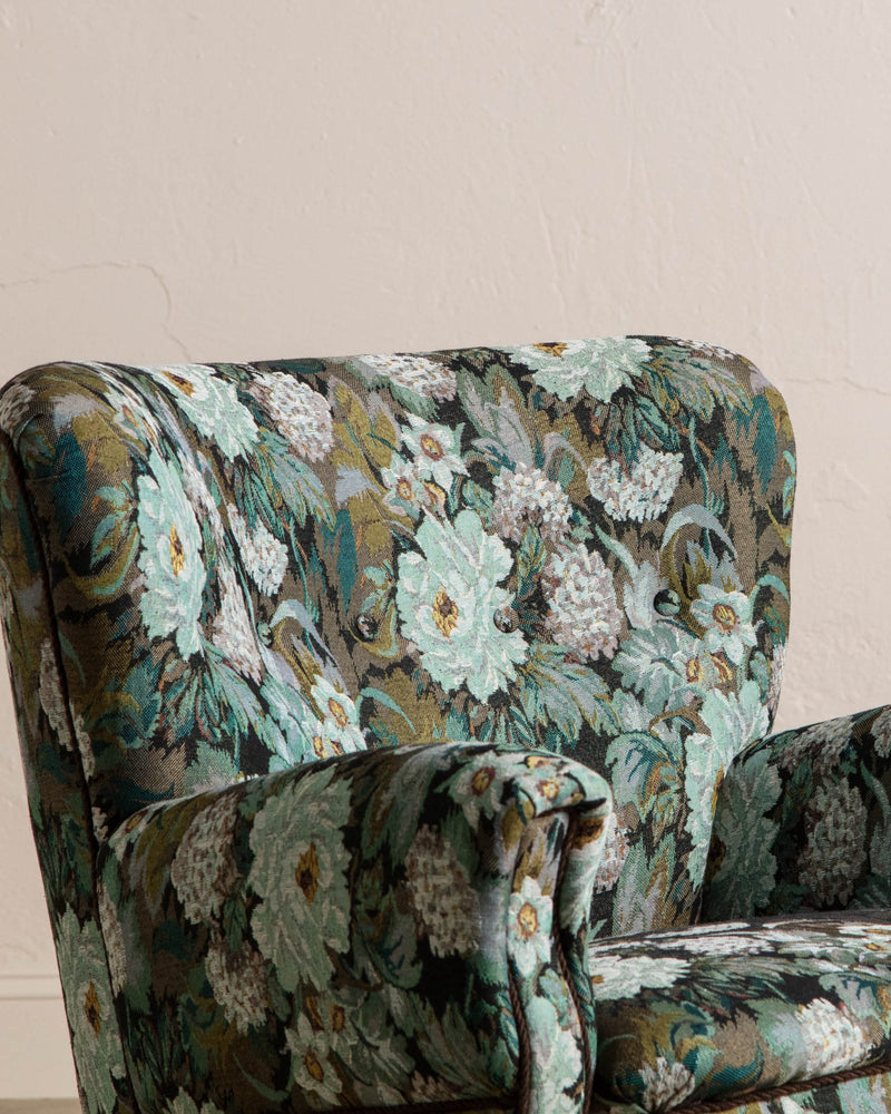 Danish Wingback Armchair in Tapestry Floral, 1960's - Lone Fox