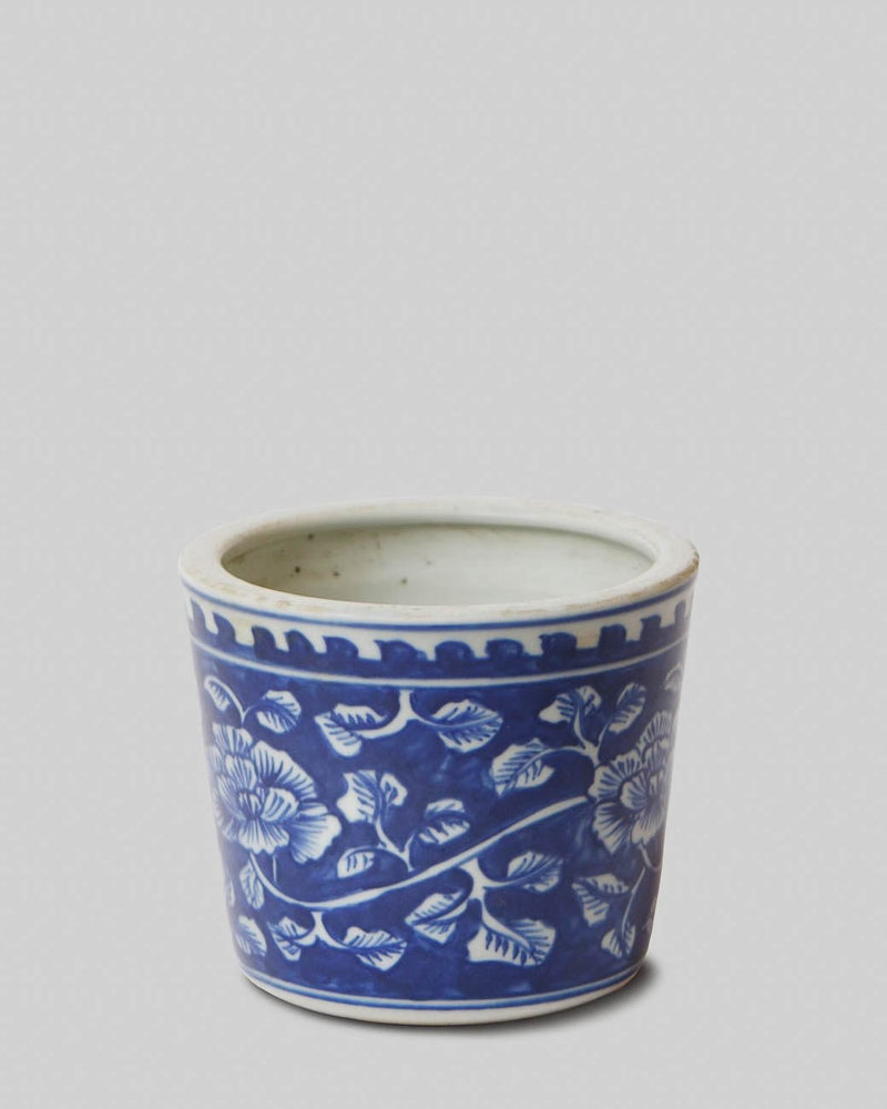 Dark Blue and White Porcelain Peony Cachepot - Lone Fox