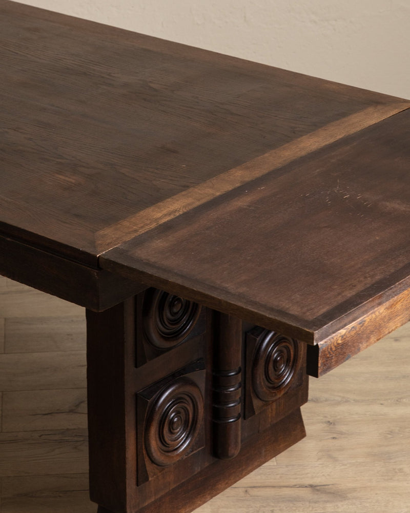 Dark Oak Expandable Dining Table, Manner of Charles Dudouyt, France, 1940's - Lone Fox