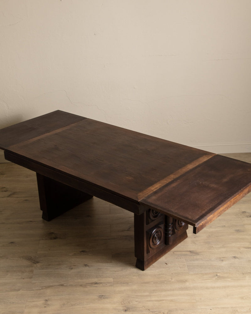 Dark Oak Expandable Dining Table, Manner of Charles Dudouyt, France, 1940's - Lone Fox