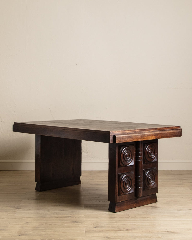 Dark Oak Expandable Dining Table, Manner of Charles Dudouyt, France, 1940's - Lone Fox