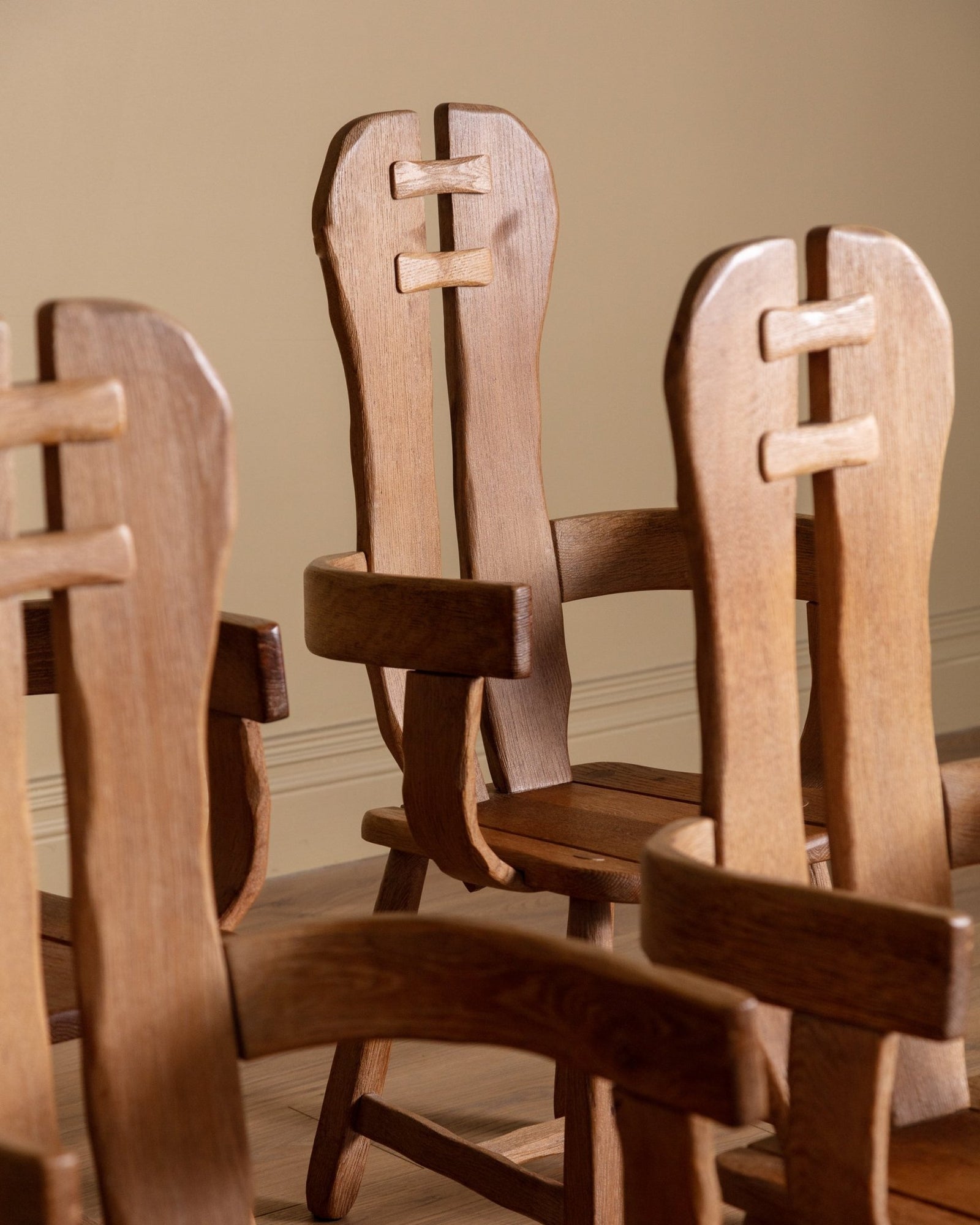 De Puydt Brutalist Oak Dining Chairs, Belgium, 1970s (6 Available