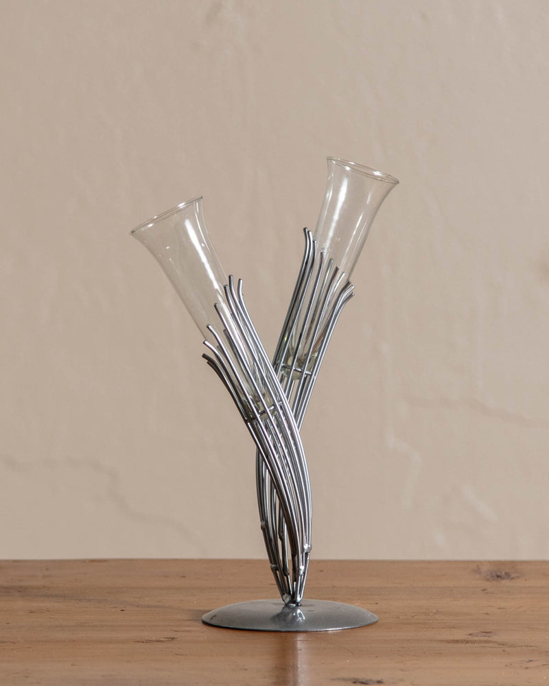 Double Bud Vase w/ Caged Metal Base - Lone Fox